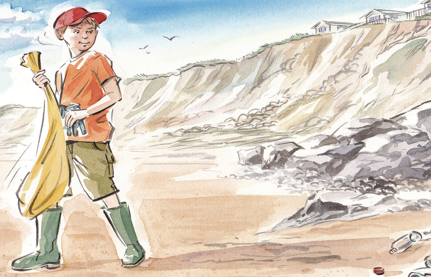 illustration of boy on the beach collecting plastic waste